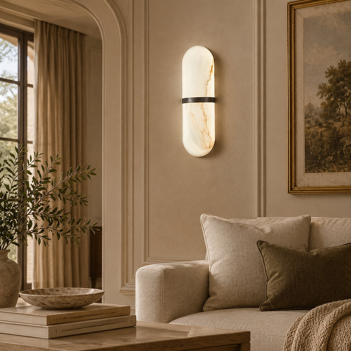 Alabaster Pill Wall Lamp, 3.9~4.7-Inch x H 15.7-Inch, Brass, Warm Light for Living Room & Dining Room