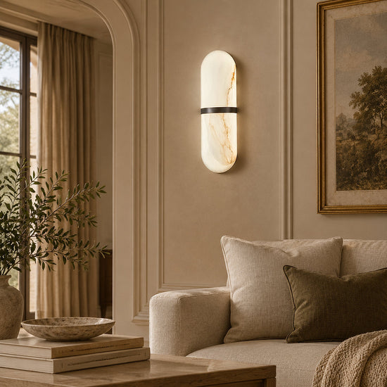 Alabaster Pill Wall Lamp, 3.9~4.7-Inch x H 15.7-Inch, Brass, Warm Light for Living Room & Dining Room