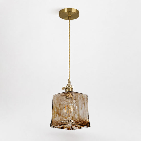 Artisanal Brown Blown Glass Brass Pendant for Dining Room & Living Room