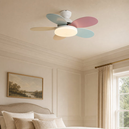 Petalo Ceiling Fan Light, 35.4-Inch x H 11.0-Inch, Green & Wood Grain, Warm Light for Living Room
