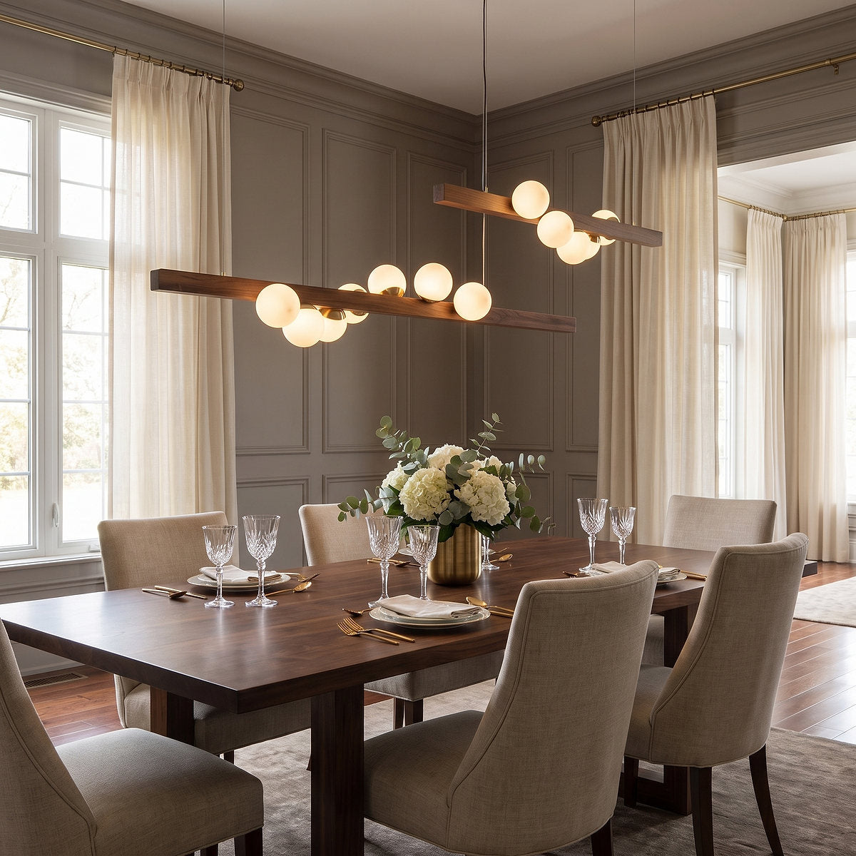 Scandinavian Wooden 5-Light Pendant Light, L 31.4-Inch x H 2.3-Inch, Walnut & White for Dining Room & Living Room