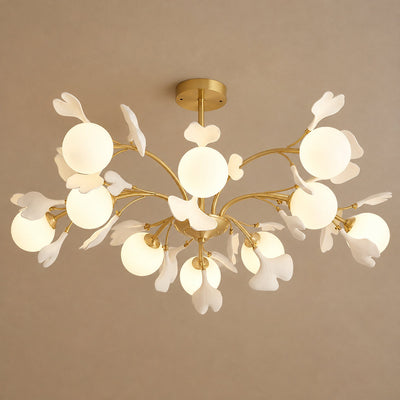 Brass Branch Chandelier with Ceramic Leaves
