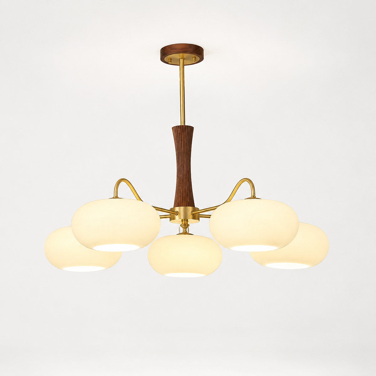 Round Brass and Wood Persimmon Chandelier