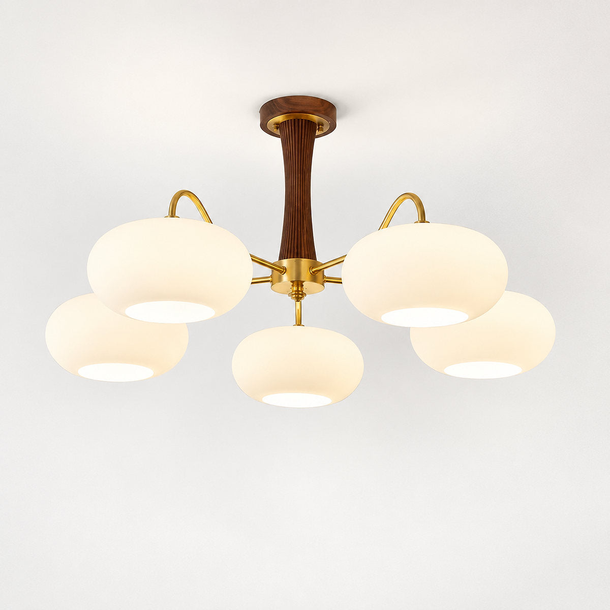 Round Brass and Wood Persimmon Chandelier
