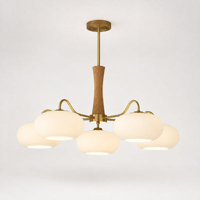 Round Brass and Wood Persimmon Chandelier
