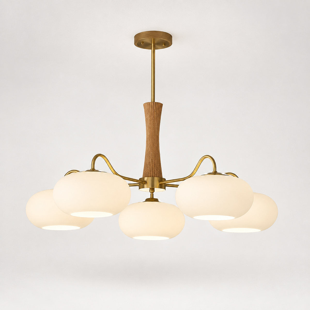 Round Brass and Wood Persimmon Chandelier