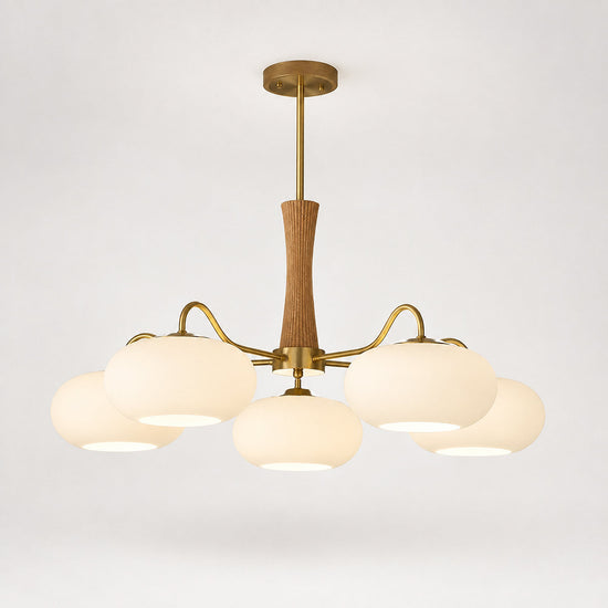Round Brass and Wood Persimmon Chandelier