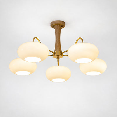 Round Brass and Wood Persimmon Chandelier