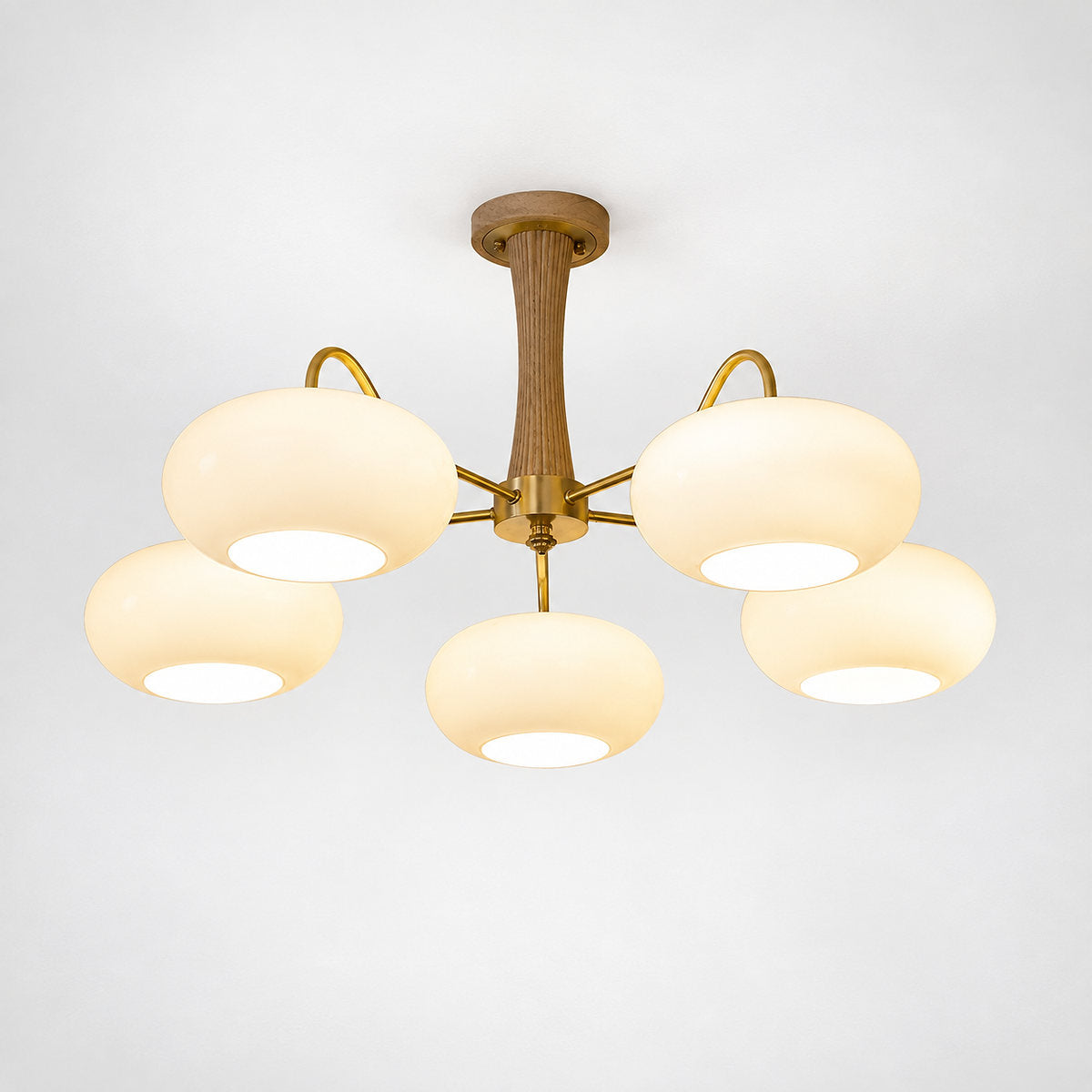 Round Brass and Wood Persimmon Chandelier