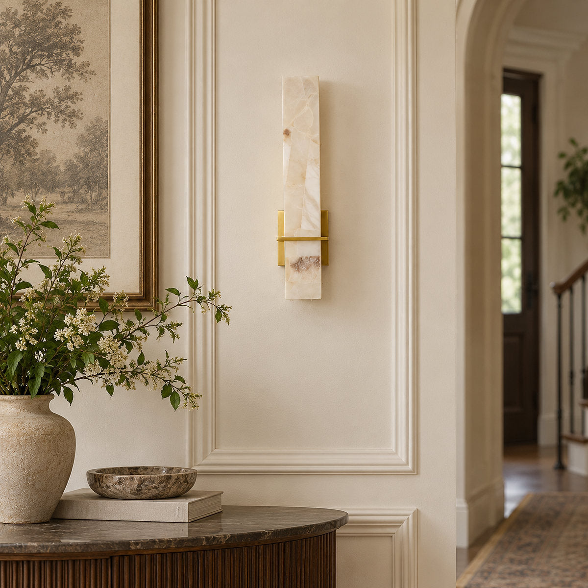 Milan Alabaster Wall Lamp, 4.7-Inch x H 18.9-Inch, Brass & White, Triac Warm Dimming for Living Room & Dining Room