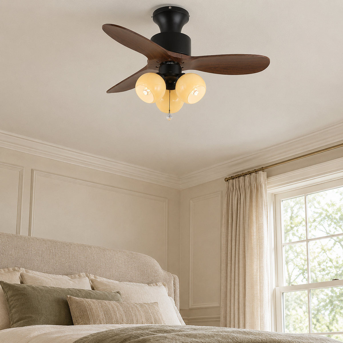 Lumo Orb Ceiling Fan Light, 36~42-Inch x H 11.8-Inch, Orange & Walnut Wood for Living Room