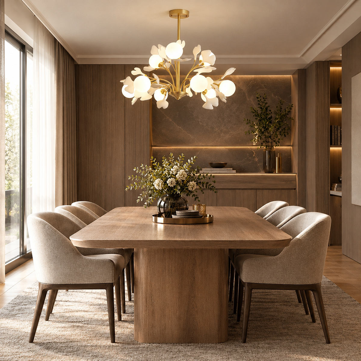 Brass Branch Chandelier with Ceramic Leaves