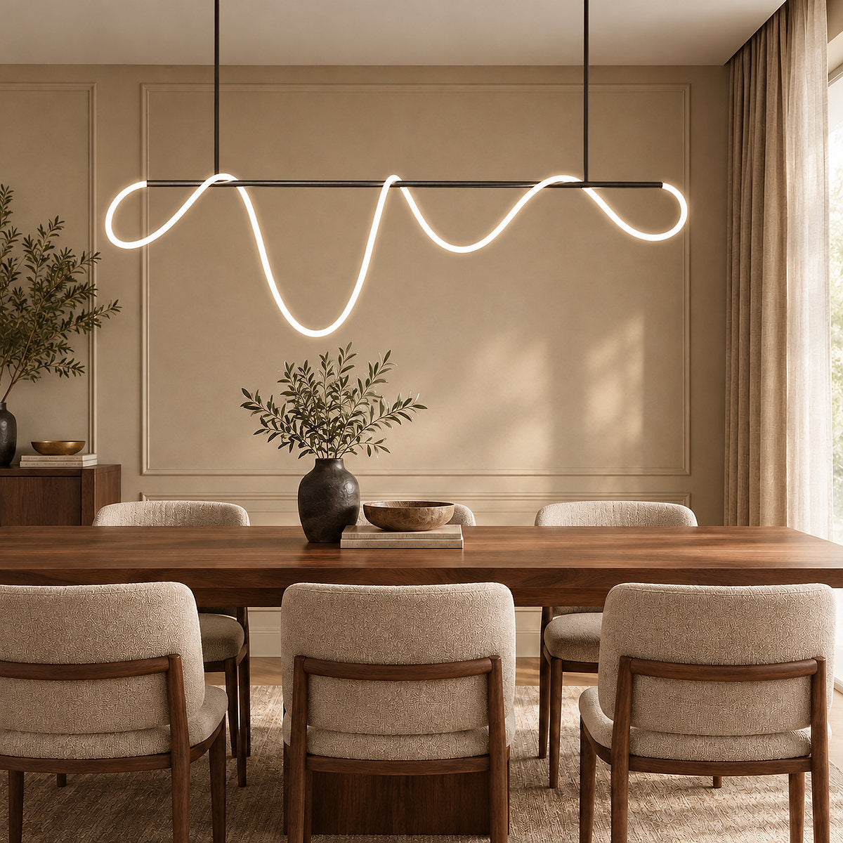 Sculptural Curved Linear and Round LED Chandelier