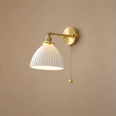 Brass Pleated Ceramic Wall Lamp, 6.7-Inch x H 9.1-Inch, Brass & White Ceramic for Living Room