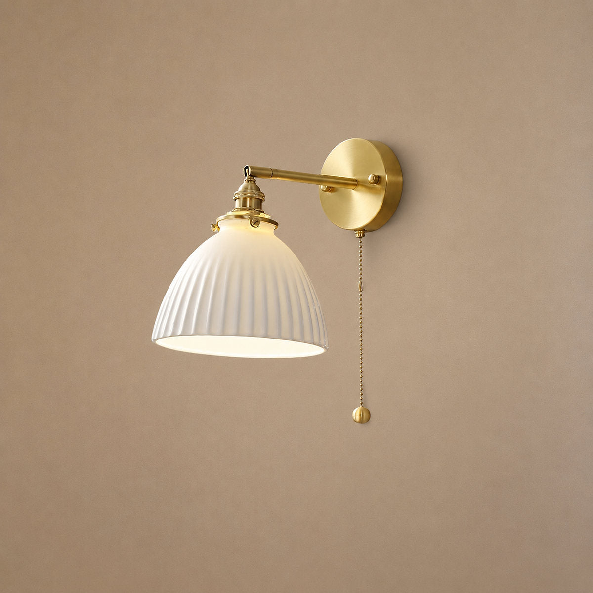 Brass Pleated Ceramic Wall Lamp, 6.7-Inch x H 9.1-Inch, Brass & White Ceramic for Living Room