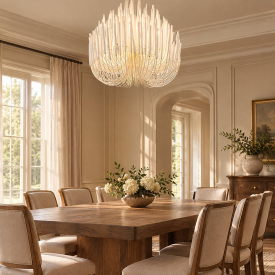 Tiered Wood and Curved Iron Chandelier