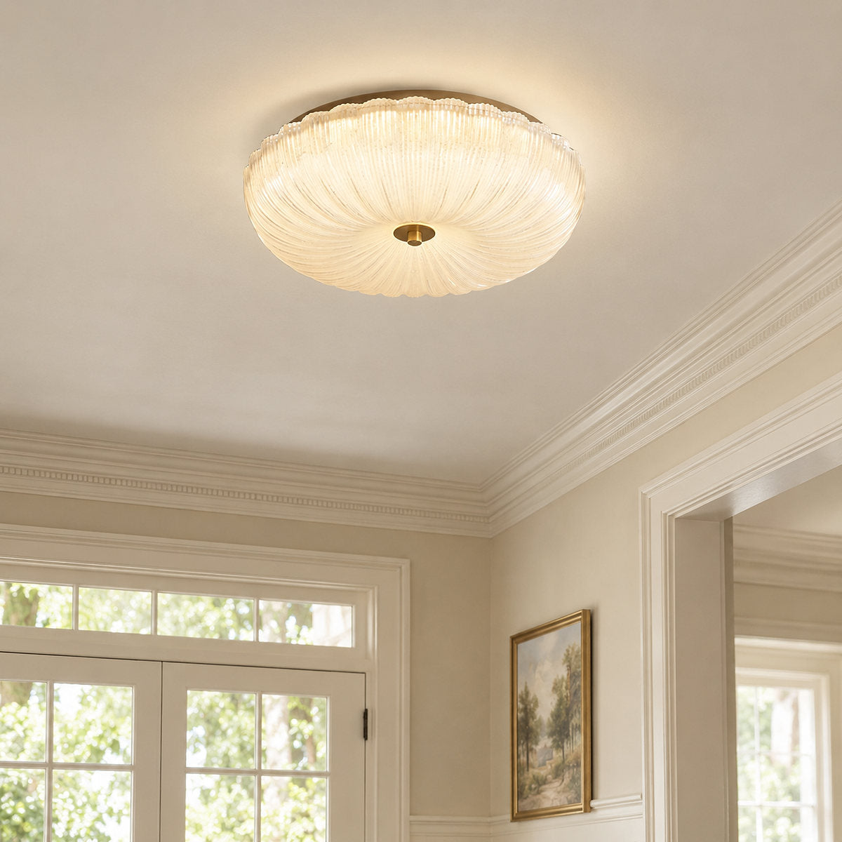 Ripple Glass Ceiling Light, 7.9-Inch x H 4.7-Inch, Gold & Frosted White, Warm Light for Living Room & Bedroom