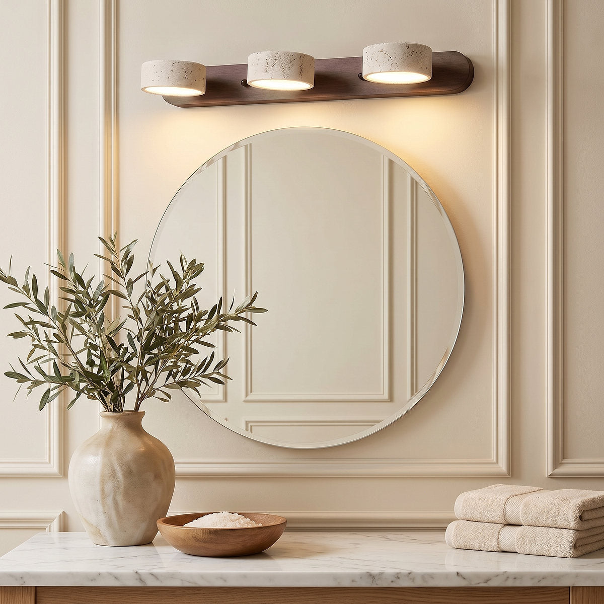 Travertine Duo Rechargeable Wall Lamp, 12.6-Inch ~27.6-Inch, Wood & Yellow Travertine, Three-Color Light & USB Charging for Bedroom & Living Room