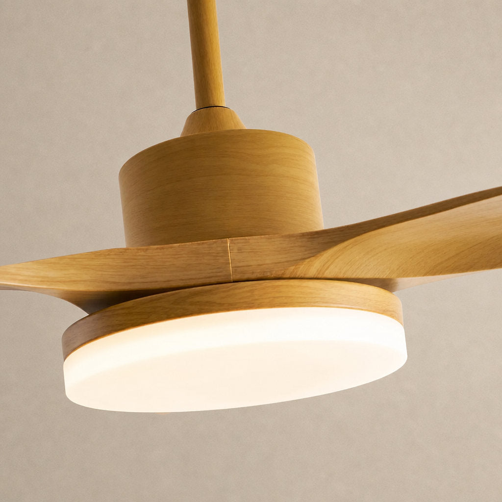 Keltis 48"/52" Ceiling Fan Light, 48~52-Inch x H 11.8-Inch, Model F Natural Wood Grain (ABS blades), Three-Color Light for Living Room