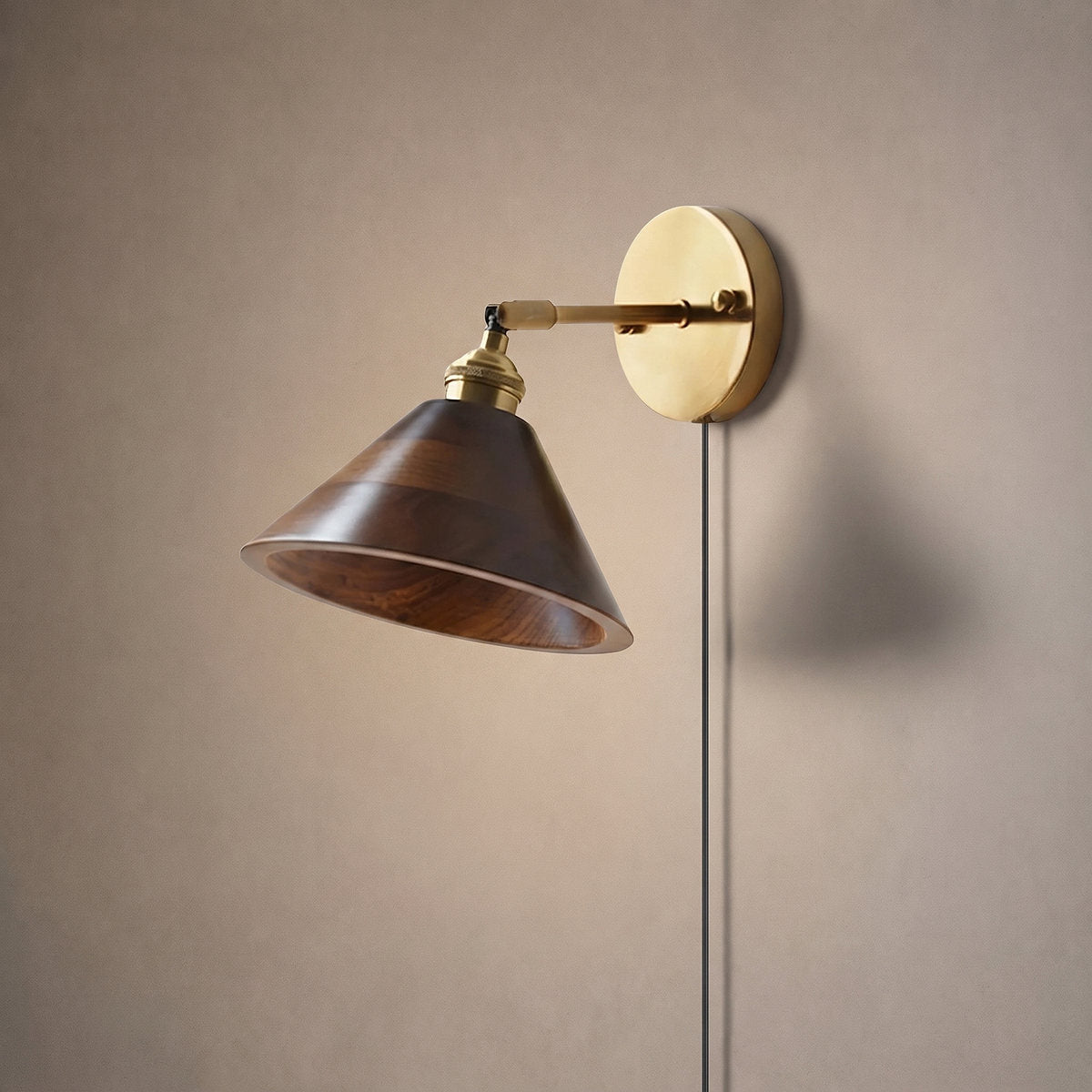 Vintage Wood Plug-in Wall Lamp, 7.1-Inch x H 5.5-Inch, Brass & Walnut Wood, US Plug for Bedroom & Living Room