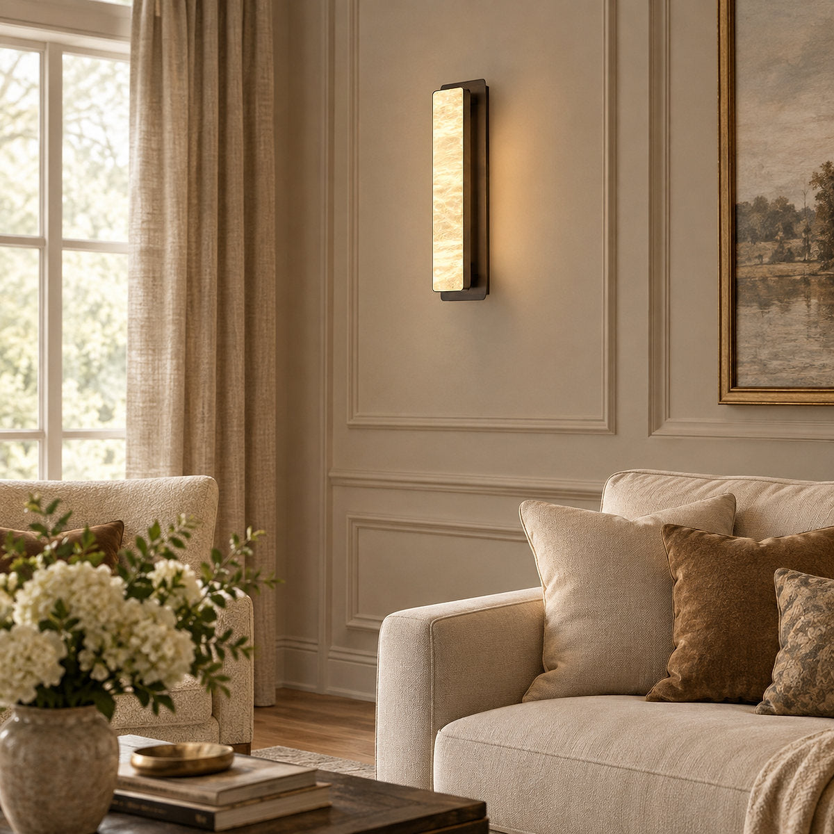 Velmora Alabaster Wall Lamp, 5.1-Inch x H 20.1-Inch, Gold & White, Warm Light for Living Room & Dining Room