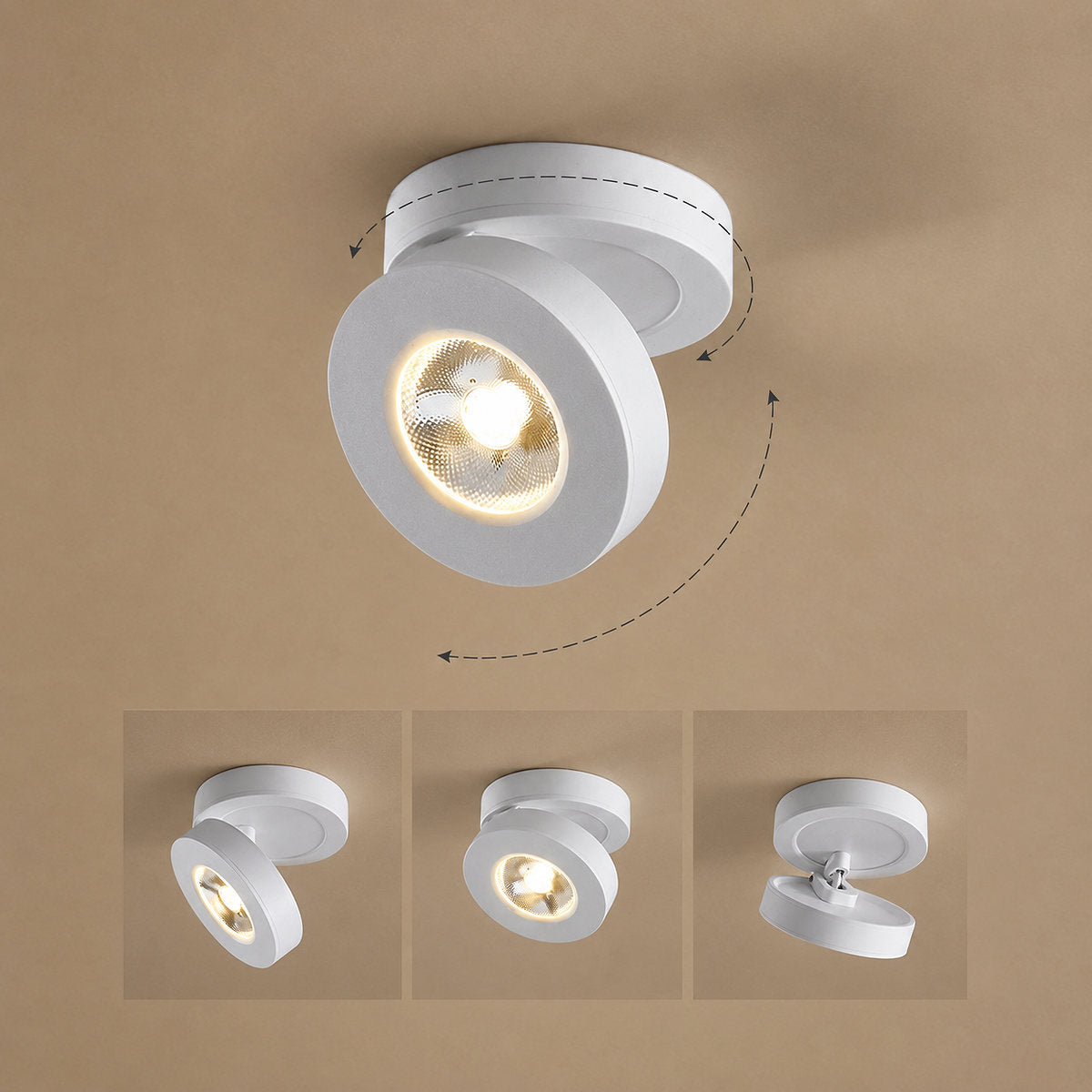 Round Rotating LED Downlight Wall Lamp, 3.4-Inch x H 0.9-Inch, White, Warm Light for Bedroom & Living Room