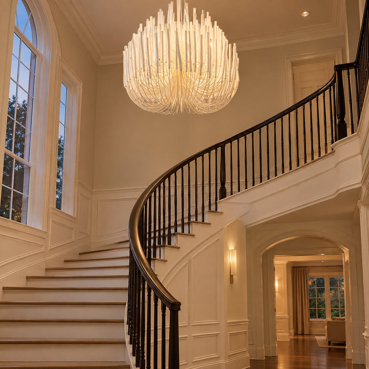 Tiered Wood and Curved Iron Chandelier