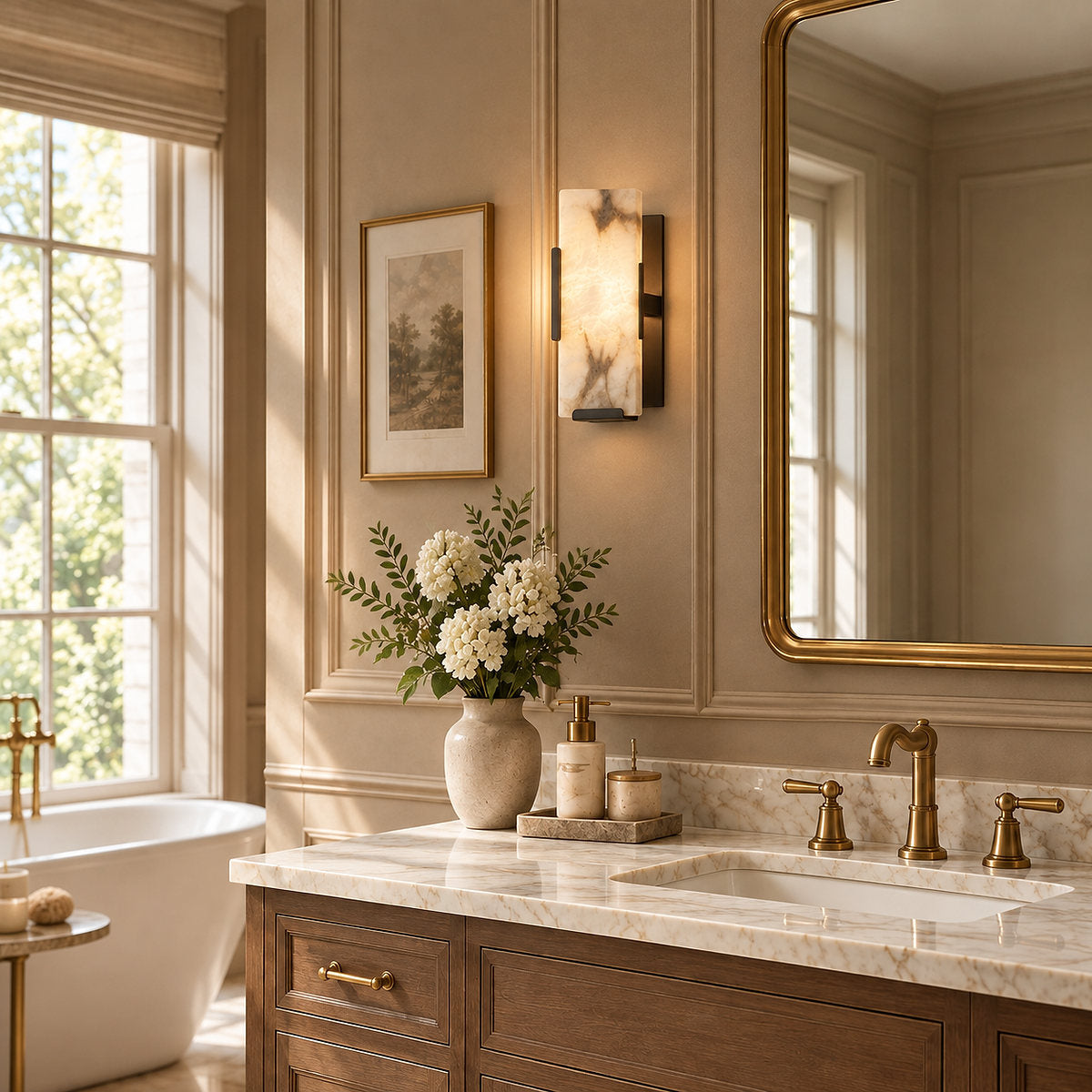 Contemporary Brass Alabaster Wall Sconce