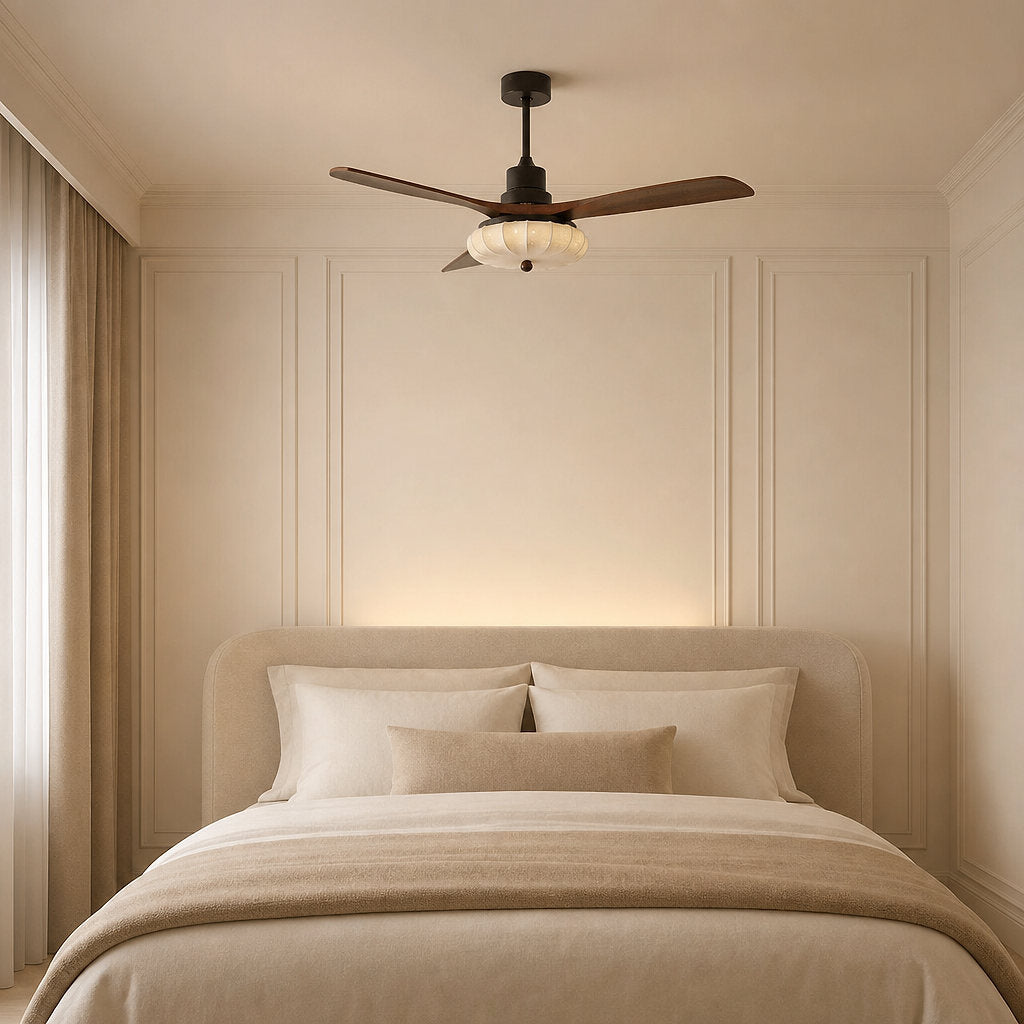 Lotus Bloom Ceiling Fan Light, 36~52-Inch x H 11.8-Inch, Walnut Wood & Black & White, Warm Light for Living Room