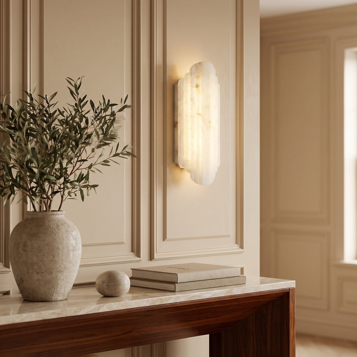 Estelle Alabaster Wall Lamp, 7.9-Inch x H 19.7-Inch, White, Warm Light for Living Room & Dining Room