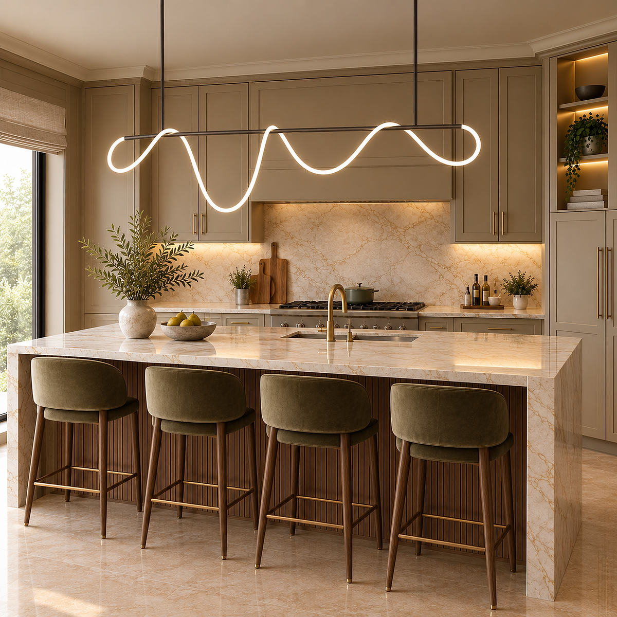 Sculptural Curved Linear and Round LED Chandelier