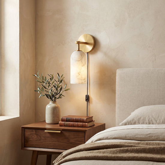Pillar Alabaster Plug-in Wall Lamp, 3.1-Inch x H 7.1-Inch, Antique Brass & White, US Plug for Bedroom & Living Room