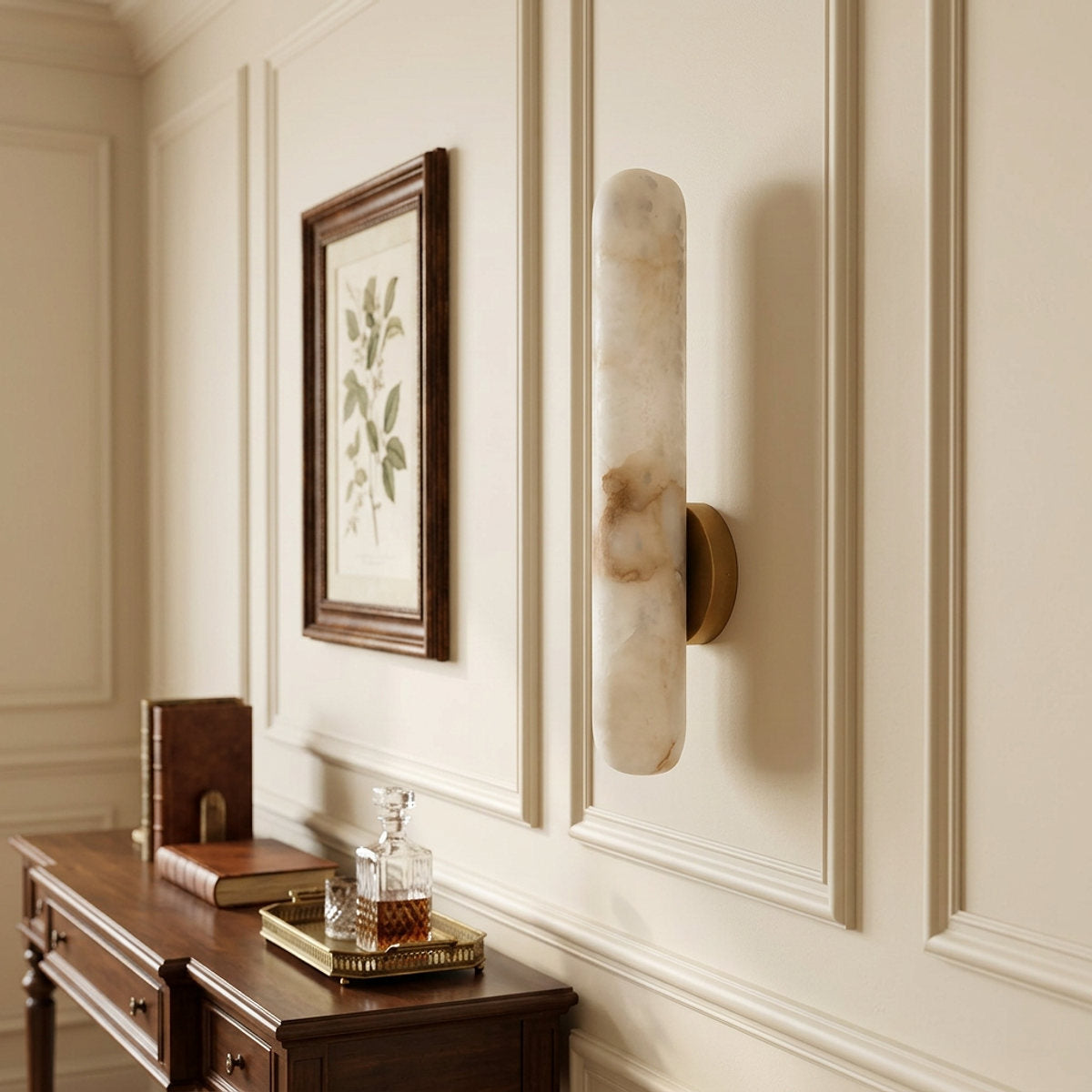 Alabaster Rod Wall Lamp, 1.9-Inch x H 15.7~23.6-Inch, Brass & White, Warm Light for Living Room & Dining Room