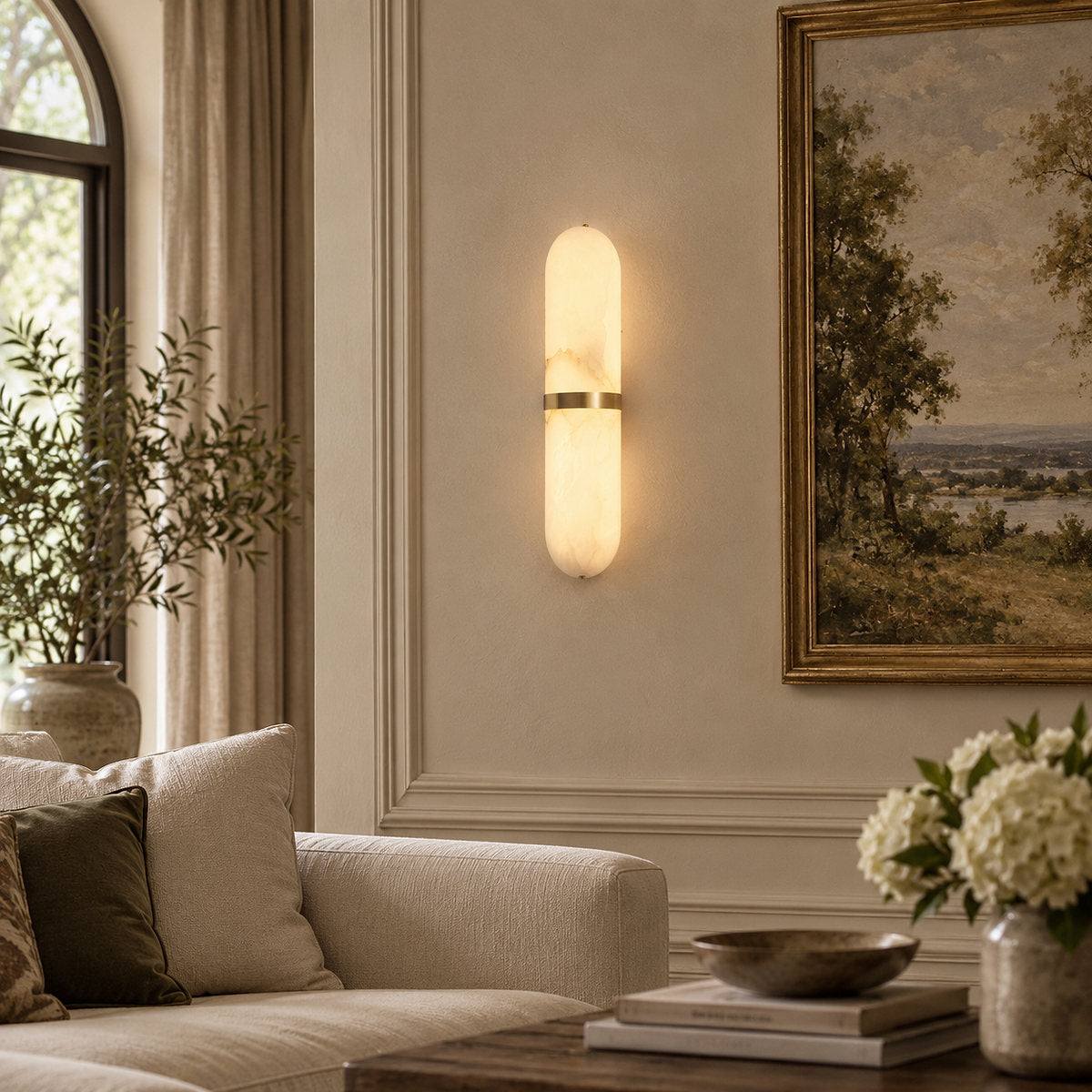 Alabaster Pill Wall Lamp, 3.9~4.7-Inch x H 15.7-Inch, Brass, Warm Light for Living Room & Dining Room