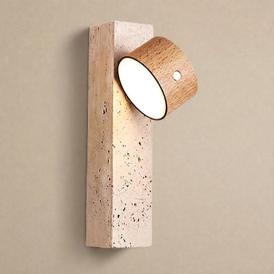 Axis Wood Rechargeable Wall Lamp, 2.8-Inch x H 9.1-Inch, Dark walnut & Yellow Travertine, Warm Light & USB Charging for Bedroom & Living Room