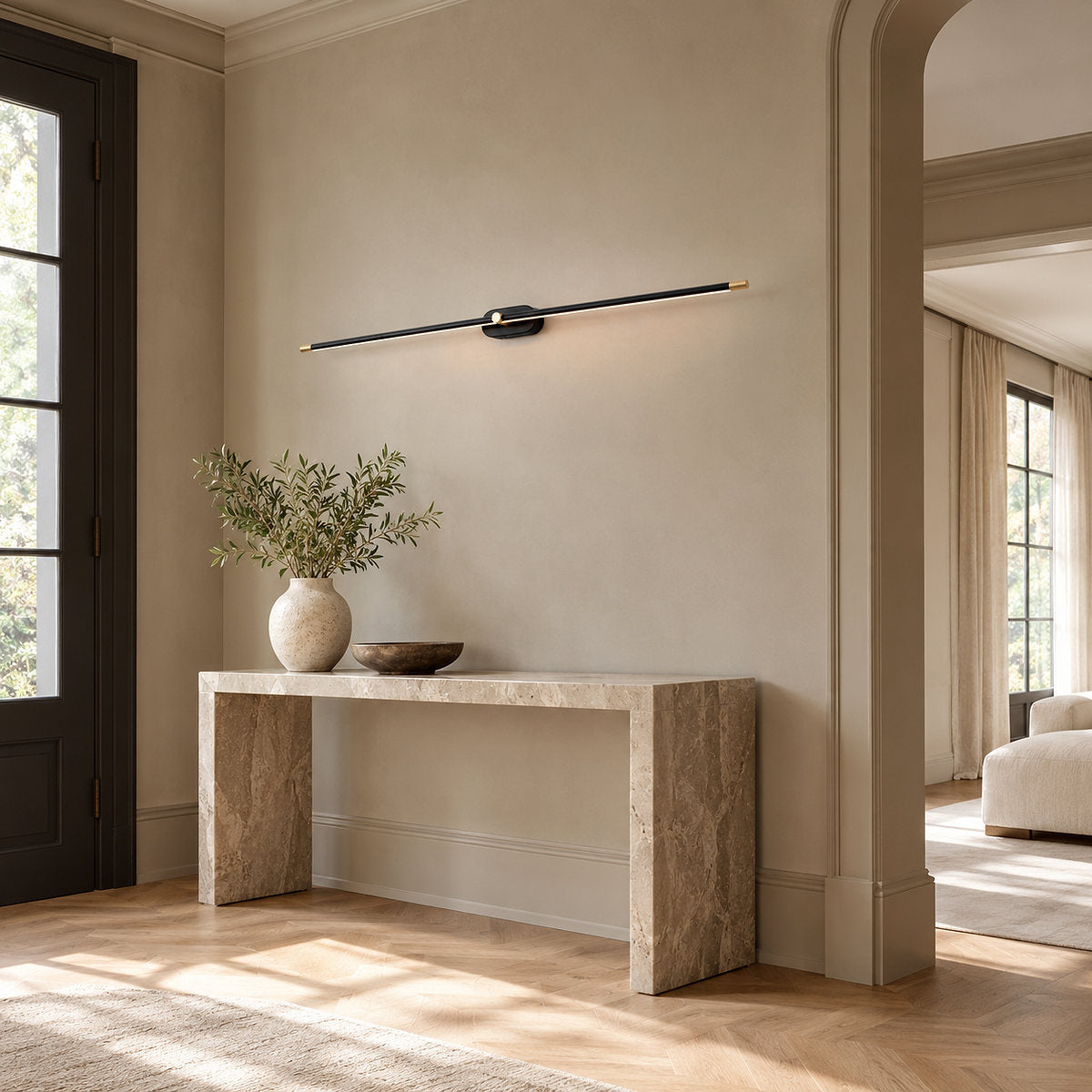 Minimalist Linear Rechargeable Wall Lamp, L 27~50-Inch x H 2-Inch, Gold, Three-Color Light & USB Charging for Bedroom & Living Room