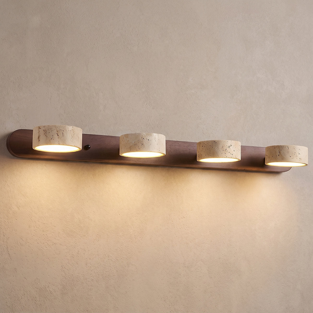 Travertine Duo Rechargeable Wall Lamp, 12.6-Inch ~27.6-Inch, Wood & Yellow Travertine, Three-Color Light & USB Charging for Bedroom & Living Room