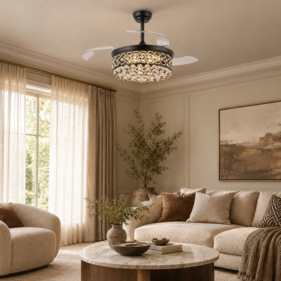 Tricolordeer Crystal Drum Chandelier Retractable Ceiling Fan