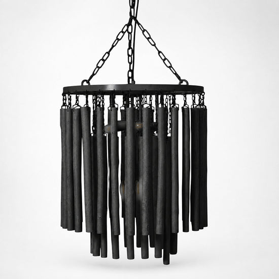 Tiered Wood and Curved Iron Chandelier