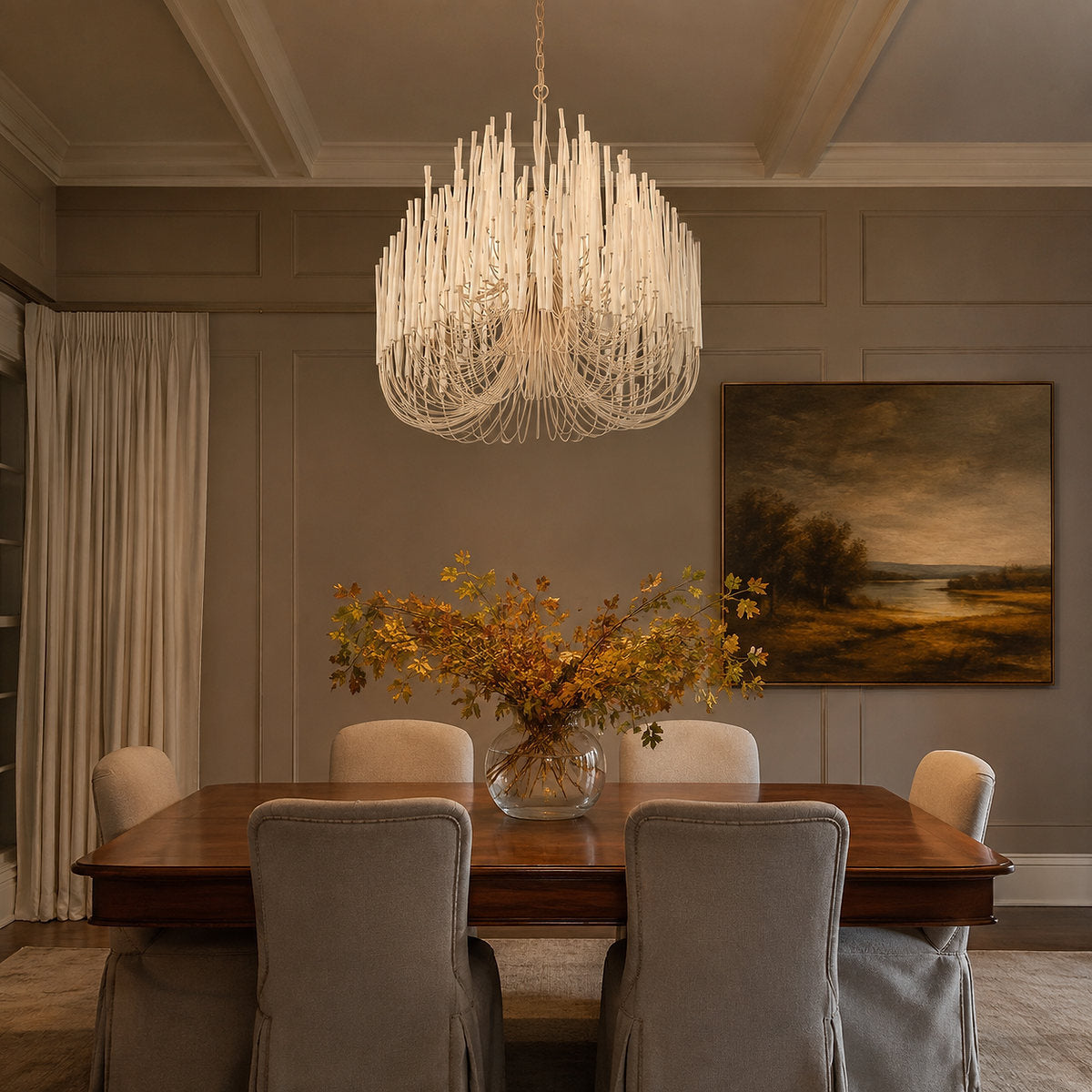 Tiered Wood and Curved Iron Chandelier