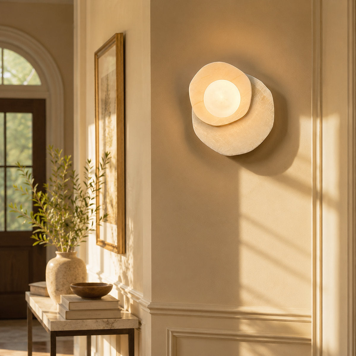 Astr Stone Wall Lamp, 9.8-Inch, Beige Alabaster for Living Room & Dining Room