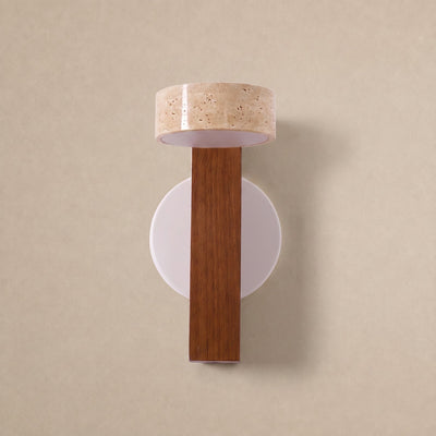 Grove Beam Wall Lamp, 3.9-Inch x H 9.1-Inch, Walnut wood & Yellow Travertine, Warm Light for Living Room & Dining Room