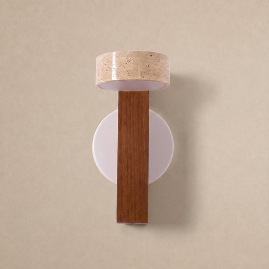 Grove Beam Wall Lamp, 3.9-Inch x H 9.1-Inch, Walnut wood & Yellow Travertine, Warm Light for Living Room & Dining Room