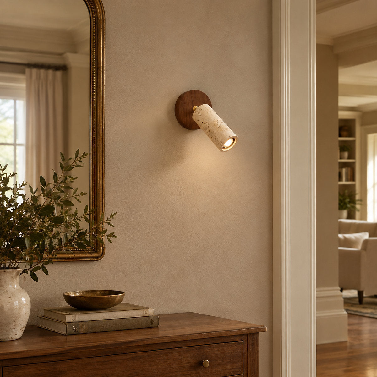 Solis Stone Spotlight, 2.6-Inch x H 6.3-Inch, Walnut Wood & Yellow Travertine, Warm Light for Bedroom & Living Room