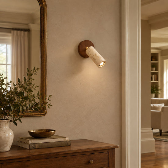 Solis Stone Spotlight, 2.6-Inch x H 6.3-Inch, Walnut Wood & Yellow Travertine, Warm Light for Bedroom & Living Room