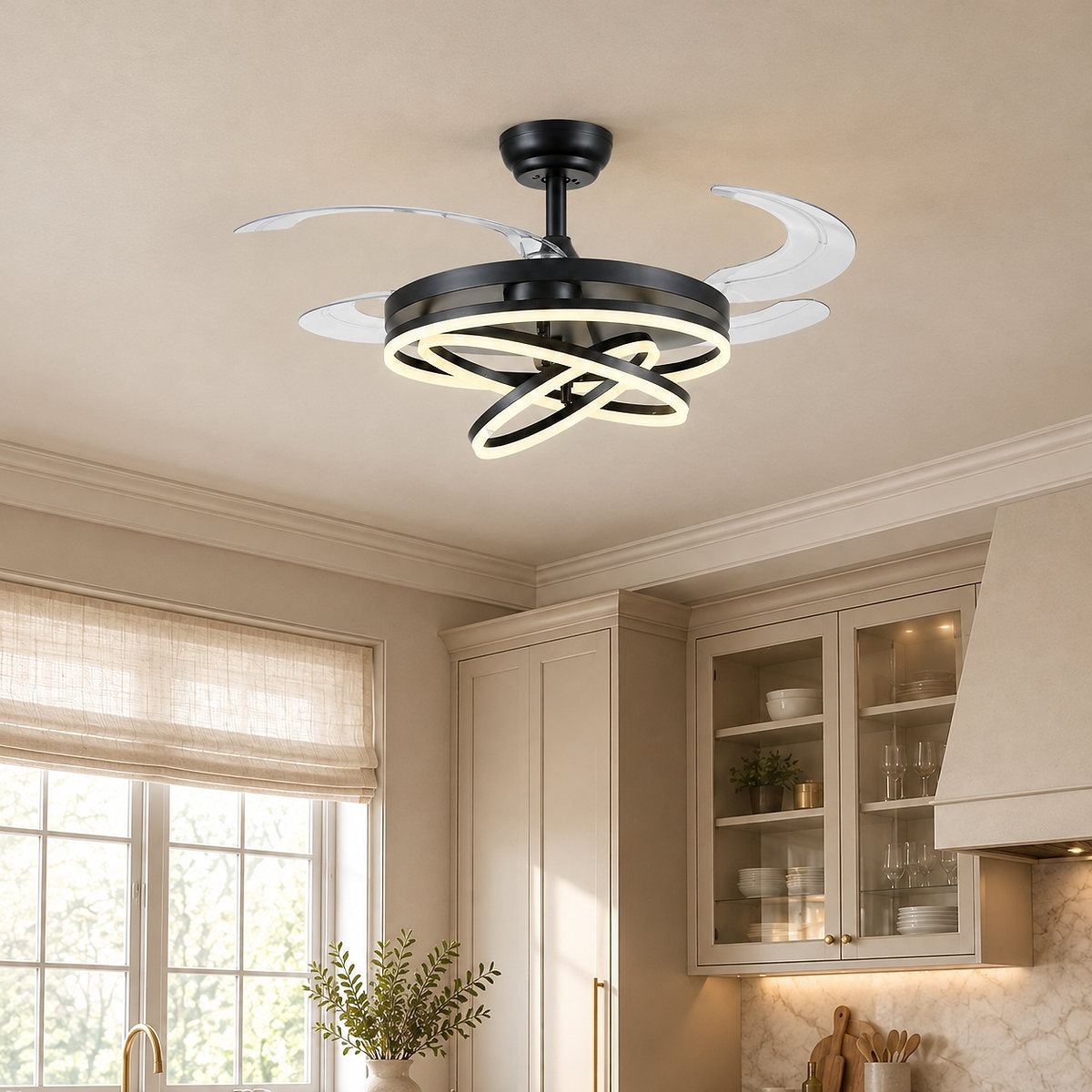 Tricolordeer LED Ring Light Ceiling Fan with Retractable Acrylic Blades