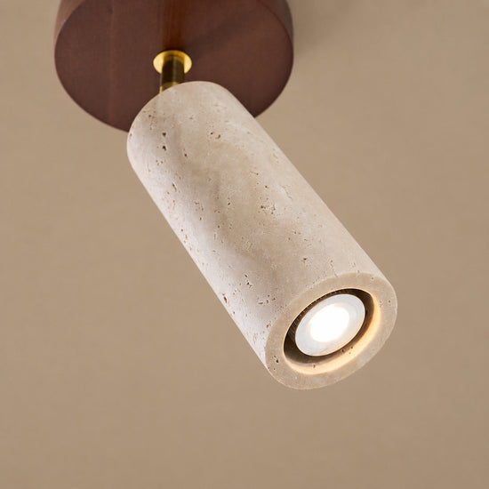 Solis Stone Spotlight, 2.6-Inch x H 6.3-Inch, Walnut Wood & Yellow Travertine, Warm Light for Bedroom & Living Room