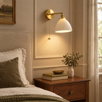 Brass Pleated Ceramic Wall Lamp, 6.7-Inch x H 9.1-Inch, Brass & White Ceramic for Living Room