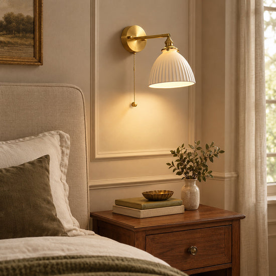 Brass Pleated Ceramic Wall Lamp, 6.7-Inch x H 9.1-Inch, Brass & White Ceramic for Living Room