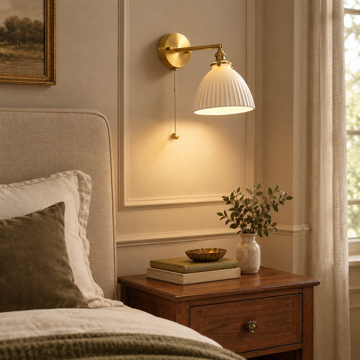 Brass Pleated Ceramic Wall Lamp, 6.7-Inch x H 9.1-Inch, Brass & White Ceramic for Living Room